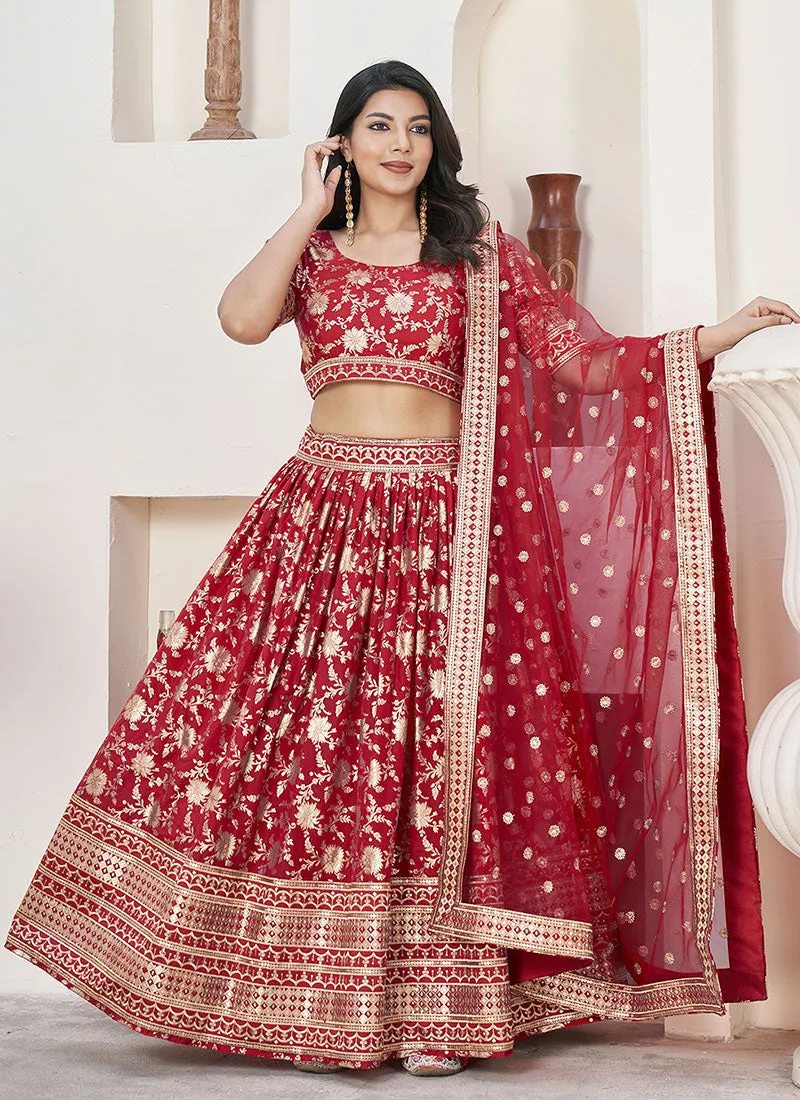 Bridal Red Sequence Embroidery Jacquard Lehenga Choli