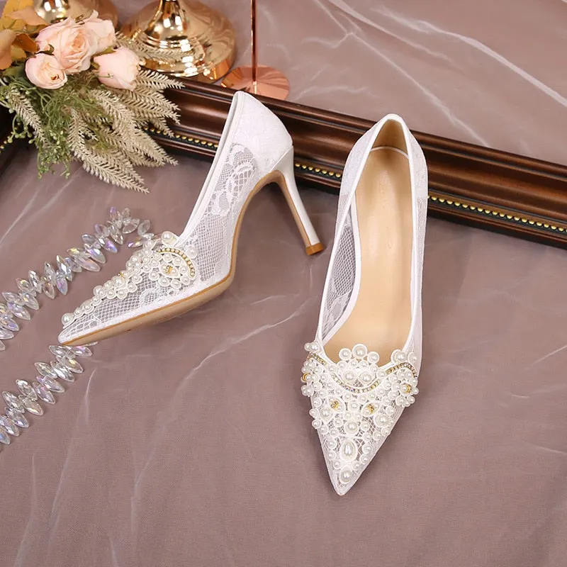 White Lace Pearl Wedding Pumps Heels Shoes for Women Crystal Luxury Pumps Elegant 9 Cm High Heels Sandals  Comfy Bridal Shoe